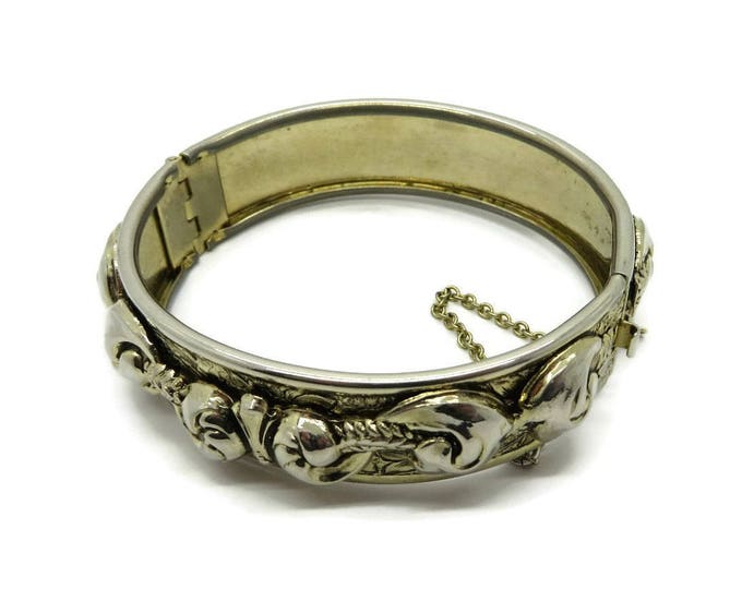 Vintage Bangle Bracelet Gold Tone Hinged Bracelet, Scrolled Bangle Safety Chain Costume Jewelry Gift Idea