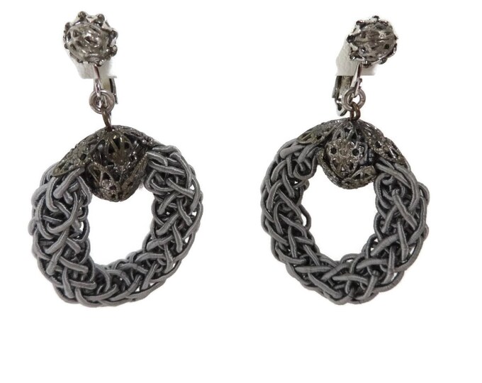 Miriam Haskell Dangling Earrings Vintage Filigree Ball Gray Braided Silk Hoop Screw Back Earrings