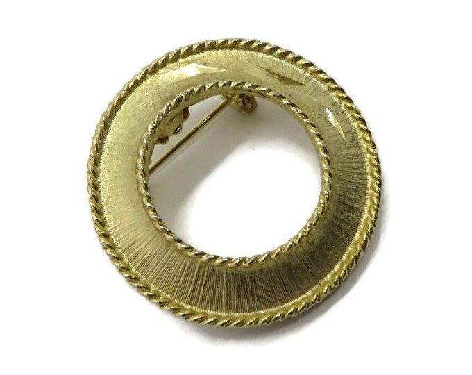 Mamselle Circle Brooch Vintage Gold Tone Matte Etched Pin Signed Designer Costume Jewelry