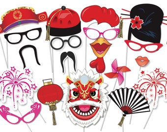 Chinese New Year Party Photo booth Party Props Set - 35 Piece PRINTABLE - Year of the Rooster Photo Booth Props, Chinese Lantern decorations