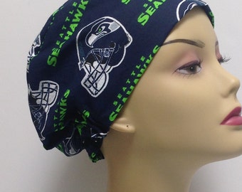 Women's scrub hats. Cancer hats, and wraps. Nurses scrub hats. Adjustable hats. Seahawks. NFL Hats. Unisex hats. 100% cotton. Size M 22-23