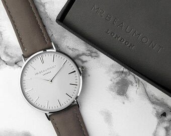 Men's Modern-Vintage Personalised Leather Watch In Ash - San Serif - Men's Watch - Gift for Dad - Father's Day - Wedding - FREE UK DELIVERY