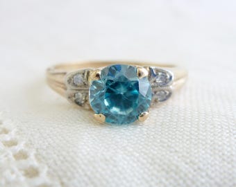 A Vintage Natural Blue Zircon and Diamond Ring in 10kt Yellow Gold - Delaney