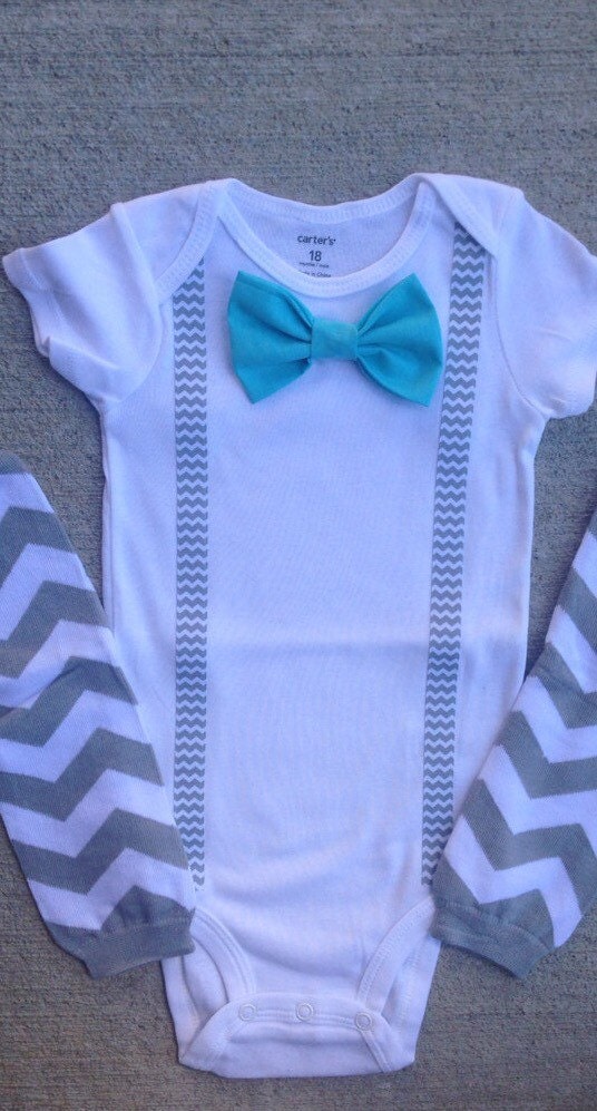 Suspender onesie baby boy bow tie aqua bowtie gray chevron