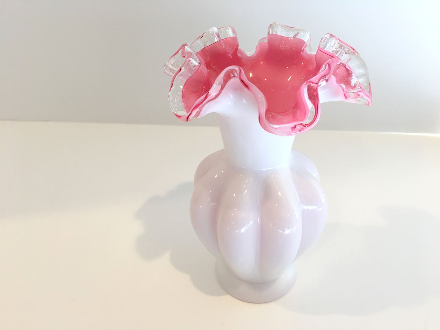 Gorgeous Pink Fenton Vase White Pink Ruffled Vase Silvercrest Fenton Vase Cased Glass Vase