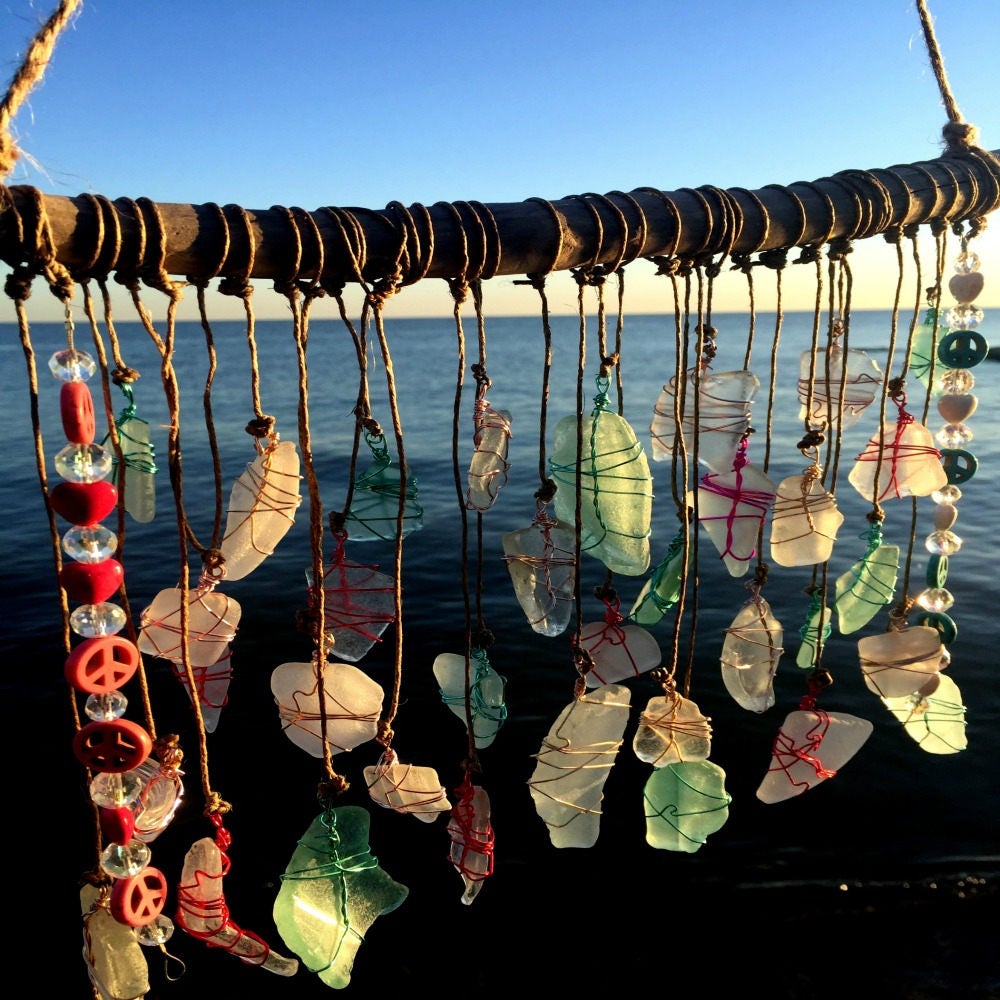 Sea Glass Suncatcher Peace Love Driftwood Mobile Bohemian