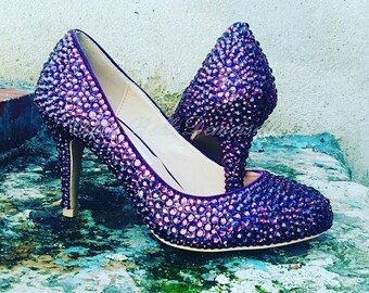 Purple Crystal Bridal Shoes, Rhinestone Shoes, Pumps, Heels, Purple Crystal Heels, Purple Wedding Shoes.