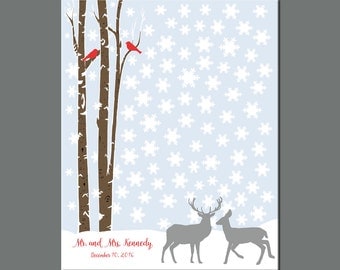 90 Guest Winter Wedding, Christmas Wedding Guestbook Alternative, Snowflake Wedding Guest Signature Print, Snow Guestbook, Deer Guestbook