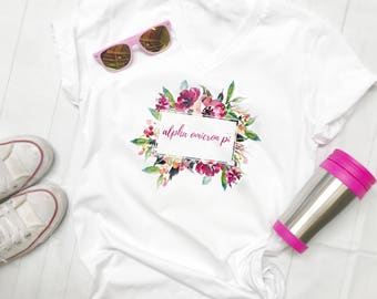 Alpha Omicron Pi Floral Wreath Watercolor Tee, Recruitment Shirt, AOII Bid Day