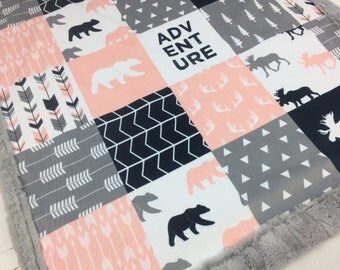 Personalized Baby Blanket, pink gray navy Minky blanket moose arrows blanket, woodland blanket, adventure girl blanket, birth gift blanket