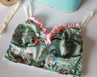 Vintage ruffle bra, floral brocante summer bralette, pink and blue lingerie.