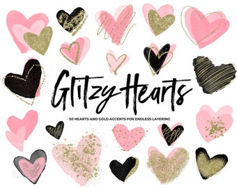 Pink Watercolor Heart Clipart / Clipart Hearts / Gold Glitter Hearts / Gold Hearts Clip Art / Valentines Clip Art / Valentines Day Clipart