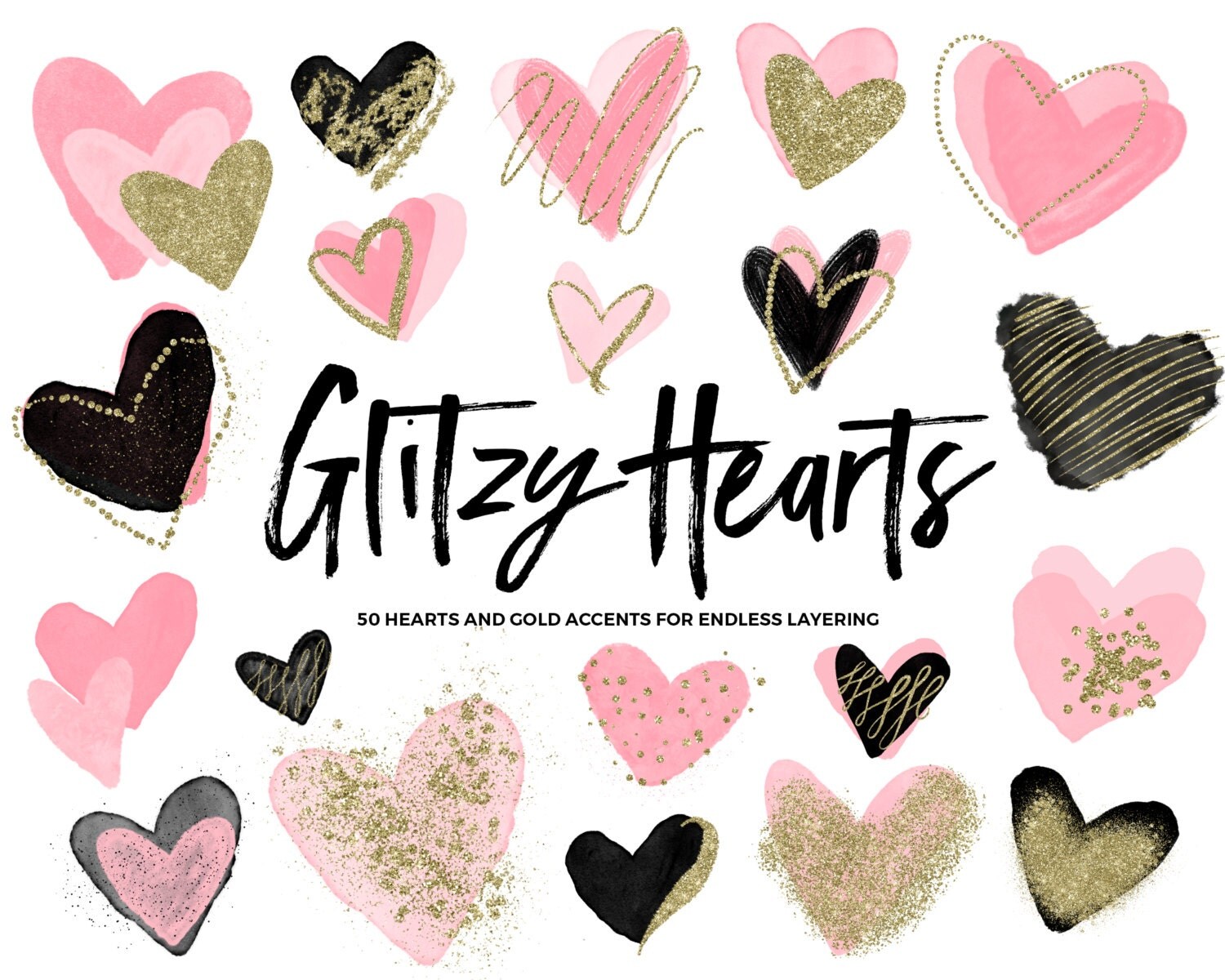 Download Pink Watercolor Heart Clipart / Clipart Hearts / Gold Glitter
