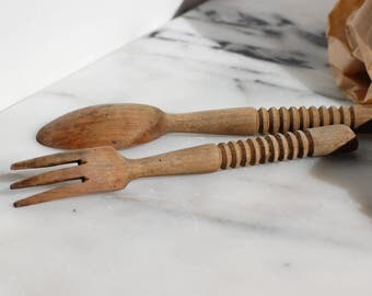 Cuillère et fourchette en bois, couverts en bois, frenchvintage