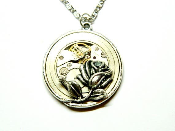 Steampunk necklace "The Eye of Rose", handmade decorated, antique silver pendant, big clockwork, unique gift for women, engagement, wedding by EmilySteampunk steampunk buy now online