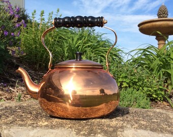 Vintage Copper Teapot with Black Wood Handle, Rustic, Mid Century, French Country, Farmhouse, Cottage