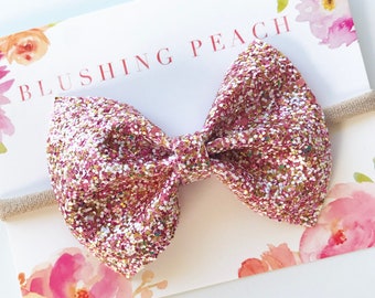 Strawberry Shortcake Glitter Bows - Glitter Alligator Clips - Glitter Baby Headbands - Photo Props - Chunky Glitters - Statement Bows