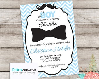 Baby Shower Invitation - Mustache Invitation - Blue invitation - Printable Invitation - Bow Tie Invite - Personalised - Digital File!
