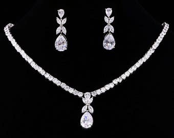 Zirconia Bridal Jewelry Set Earrings Necklace Wedding Jewelry Bridesmaid Gifts Bridal Set Anniversary Gift Platinum Plating KD80084