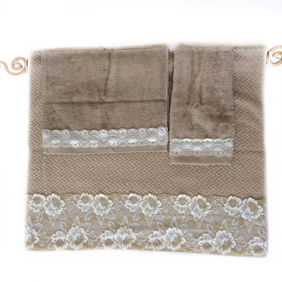 Tan Decorative towel set of 3 Gold Cream Lace decorated Towels
