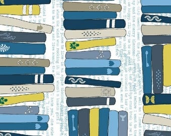 Literary Fabric by the Yard, Heather Givans, Windham Fabrics, Literary On The Shelf, Stack of Books Fabric, Library Fabric, Blue, 42705-2