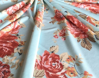 Mint Blue, Terracotta & Blush Floral ITY 4 Way Stretch Knit Fabric, Apparel Dress Fabric BTY By The Yard
