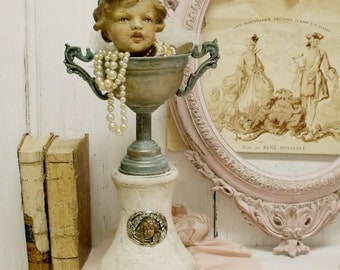 Vintage verdigris Trophy cup cherub vase