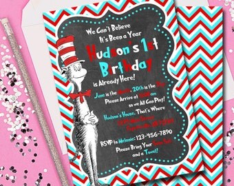 Dr Seuss Birthday Invitation, Cat in the Hat Birthday Invitation, Dr Seuss, Cat in the Hat, Chevron, Chalkboard, Invitation, Printable 5x7