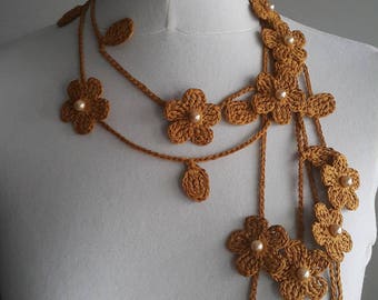 Crochet Necklace,Crochet Neck Accessory, Flower Necklace,Spicy Mustard Colour,Dark Yellow, 100% Cotton.