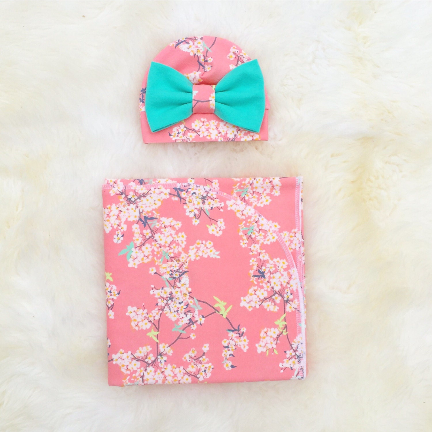 Swaddle pink floral newborn swaddle baby girl bow hat