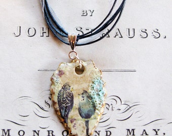 Hand made Ceramic Budgie Pendant with an organza/cotton necklace, fired 5 times and highlighted with gold - a unique gift made in the UK