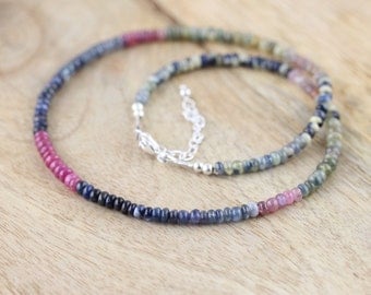 Ombre Sapphire Necklace in Sterling Silver or Gold Filled. Beaded Choker. Precious Gemstone Layering Necklace. Hippie Boho Bohemien Jewelry