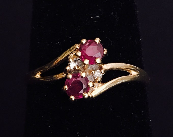 Storewide 25% Off SALE Vintage 10k Gold Double Ruby Ladies Diamond Accented Cocktail Ring Featuring Faceted Gemstone Design