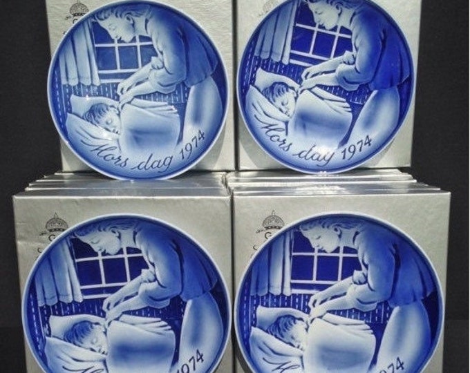 Storewide 25% Off SALE Originally Boxed Vintage 16 Set Georg Jensen Happy Mother's Day Cobalt Blue "Sweet Dreams" Collectable Plates Featuri