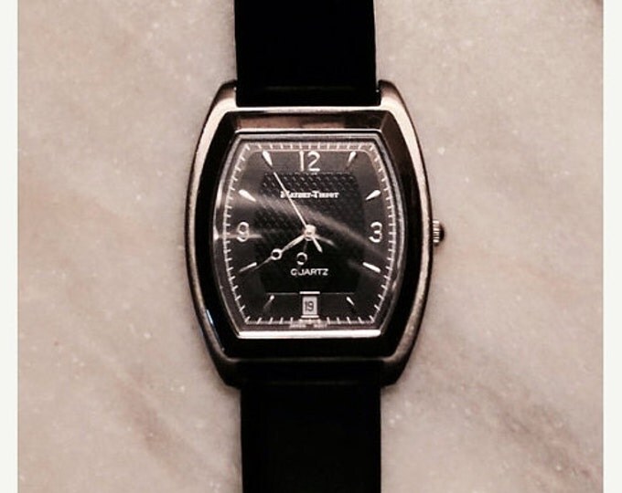 Storewide 25% Off SALE Vintage Gentleman's Silver Tone Mathy-Tissot Quartz Rectangular Crystal Watch Featuring Original Black Leather Band