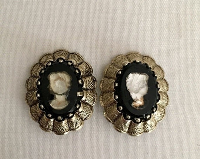 Storewide 25% Off SALE Vintage Gold Tone West German Black Inlaid Designer Cameo Earrings Featuring Clear Glass Design