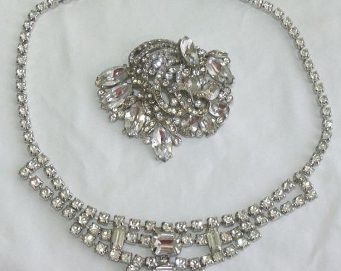 Storewide 25% Off SALE Vintage Silver Tone Diamond Rhinestone Inspired Designer Bib Necklace With Matching Rosette Brooch Set With Assorted