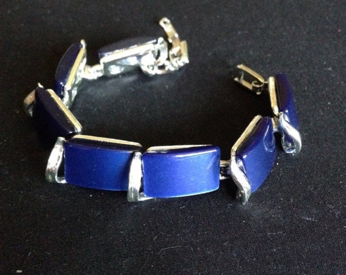 Storewide 25% Off SALE Vintage Silver Tone Royal Blue Opalescent Designer Bracelet Featuring Elegant Polished Acrylic Segmented Design