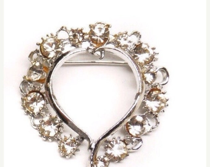 Storewide 25% Off SALE Vintage Silver Tone Clear Rhinestone Designer Heart Inspired Cocktail Brooch Featuring Channel Style Design Finish