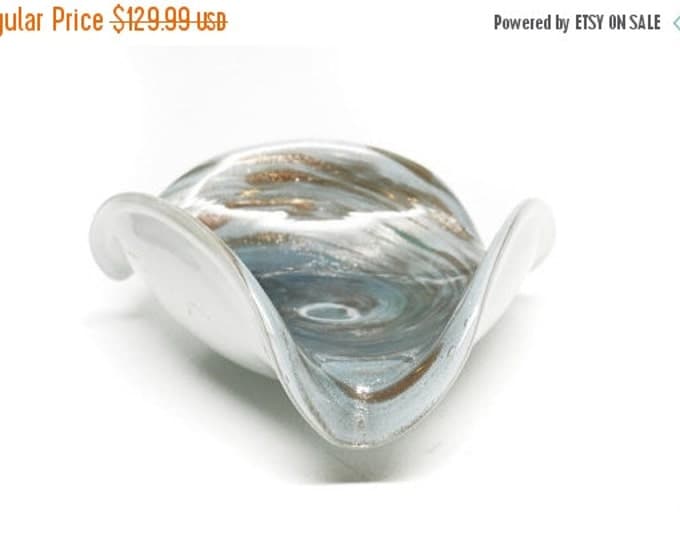 Storewide 25% Off SALE Vintage Gold Flecked Murano Cased Designer Art Glass Ashtray Featuring Storm Sky Blue Colors With Flapped Wing Design