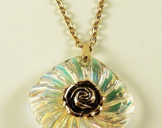 Storewide 25% Off SALE Beautiful Vintage Iridescent Floral Pendant with Deep Colored Rose Bud Center Accompanying a Gold Tone Chain