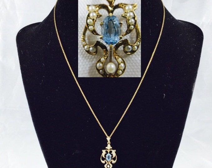 Storewide 25% Off SALE Vintage 14k Gold Victorian Style Faceted Blue Topaz Pearl Pendant & Necklace Featuring Rounded Box Chain Design Neckl