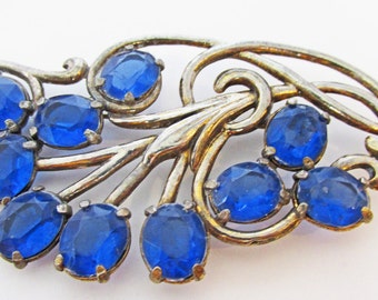 Lovely Vintage 1920s Art Nouveau Style Blue Rhinestone Floral Pin