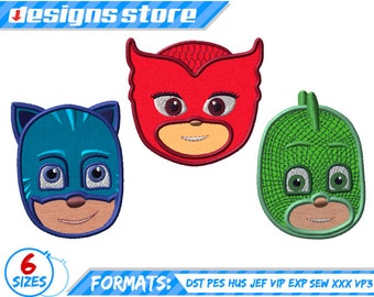 PJ mask Faces Characters APPLIQUE DESIGN machine embroidery catboy connor, owlette amaya, greg gekko superhero logo