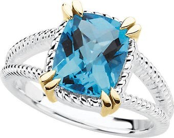 3.00 Carat Natural Cushion Blue Topaz Ring in 925 Sterling Silver and 14K Yellow Gold