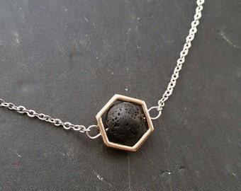 Hexagon & Lava Essential Oil Necklace Diffuser --- Lava Rock Aromatherapy Jewelry pendant