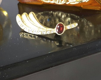 Gold Tone Wave Brooch with Clear and Garnet Red Rhinestones