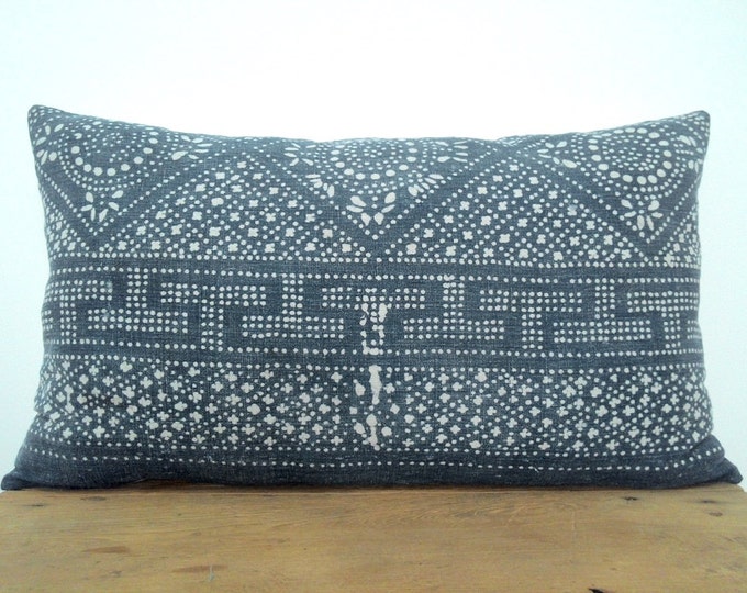SALE 14"x 24" Vintage Chinese Indigo Batik Pillow Cover, HMONG Batik Pillow Case, Boho Throw Pillow, Ethnic Costume Textile Cushion Cover