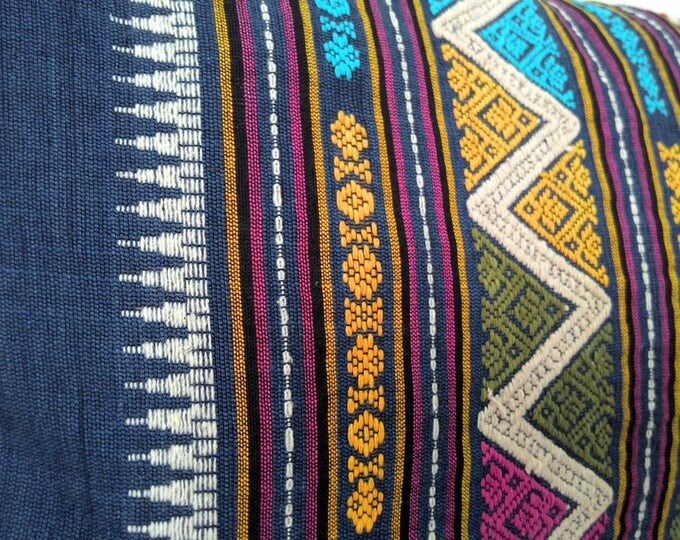 14"x28" Hand Woven Indigo Ikat Cotton Pillow Cover/Handmade Laos Geometric Pattern Ethnic Pillow / Tribal Decorative Pillow / Boho Decor