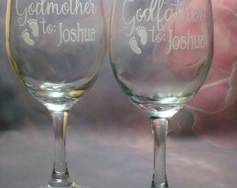 Godfather and Godmother baby footprint Wine Glass Cift Set - Personalized with Baby's Name - Baptism Gift - Godparents - Godparent Gift